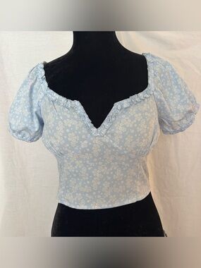 Blue Floral Puff Sleeve Crop Top L Cottagecore Milkmaid Smocked Romantic Boho